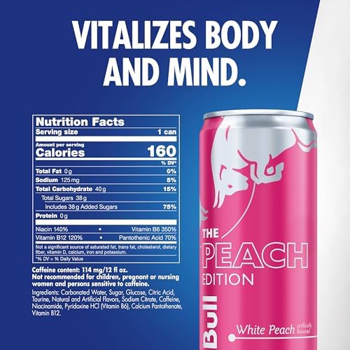 Red Bull Peach Edition Energy Drink, White Peach, 12 fl. oz., 24 cans, with 114mg Caffeine, Taurine & B Vitamins