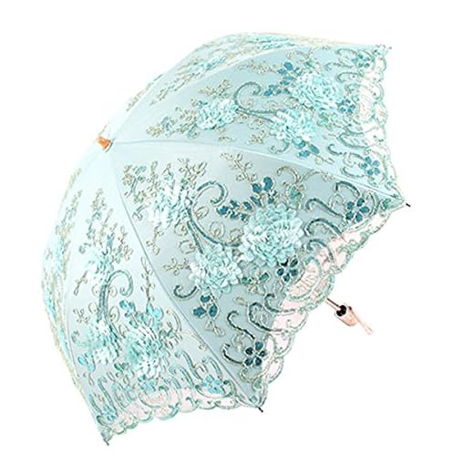 Honeystore Vintage Lace UV Sun Parasol Folding 3D Flower Embroidery Umbrella BM1618 Blue