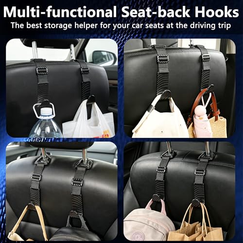 Image of Amooca 4 Pack Anti-drop Headrest Hooks Adjustable Car Seat Organizer | Universal Fit, Hanger for Backpack Umbrella Water Bottle Coat Purses Handbags Groceries, 40lb Heavy Duty, Black Carbon Fiber