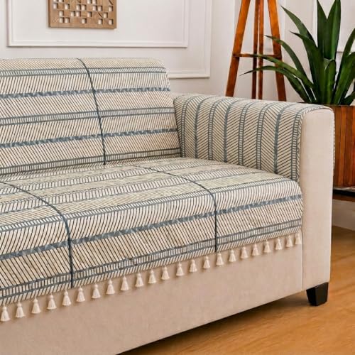 Image of STITCHNEST 'Frostvine Collection' 2 Seater Sofa Cover | Full Coverage with Armrest Pockets | Cotton Quilted Fabric, Decorative Tassels, Washable & Durable for Modern Living