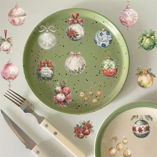 Image of 50 Pieces Christmas Themed Transparent Stickers for Scrapbooking, Ornament Ball Self-Adhesive Scrapbooking Stickers Supplies Journal Stuffers for Adult Card Making Letters DIY