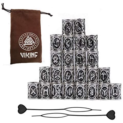 24Pcs Norse Vikings Runes Hair Beard Beads for Bracelets Pendant Necklace DIY,Braiding Beads for Hair Braids Antique Silver Beard Ring Viking Beads Kits(Include 2Pcs Pull Hair Pin) Cover