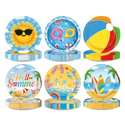 Image of 60 Pcs Beach Pool Party Paper Plate 7 inch Heavy Duty for Summer | Beach Hawaii Theme Disposable Dessert Cake Platters for Luau Hawaii Swimming BBQ Birthday Party Supplies Decorations