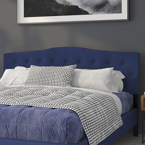 EMMA + OLIVER Tufted Upholstered King Size Headboard in Navy Fabric