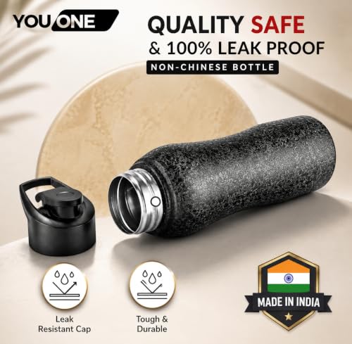 Image of YOUONE Stainless Steel Water Bottle, Charcoal Black, 1 Litre | Set of 1, Leak Proof Thunder, For Fridge Home Office Travel School Sports Gym Yoga, For Kids Boys Girls Adults