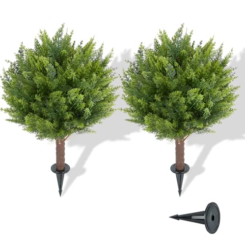 Image of 2 Pack Artificial Cedar Topiary Ball Trees 24 inch UV Resistant Outdoor Decor