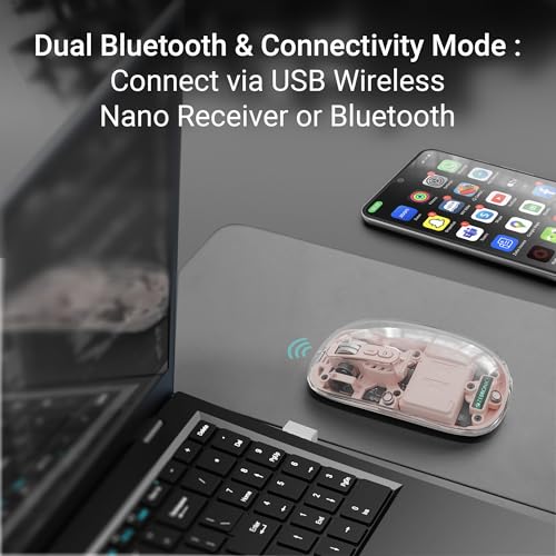 Image of ZEBRONICS Sheer Rechargeable Wireless Mouse, Dual Mode (2.4GHz + BT), Dual Bluetooth, Silent Operation, Transparent Body, RGB, Battery Indicator, for Mac | Laptop | Computer (Pink)