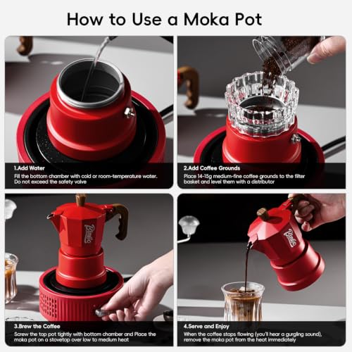 Image of Bincoo Three-valve Espresso Maker Stovetop,2 Cups Camping Moka Pot Espresso Italian Coffee Maker,Rich Crema,Easy to Use (Red)