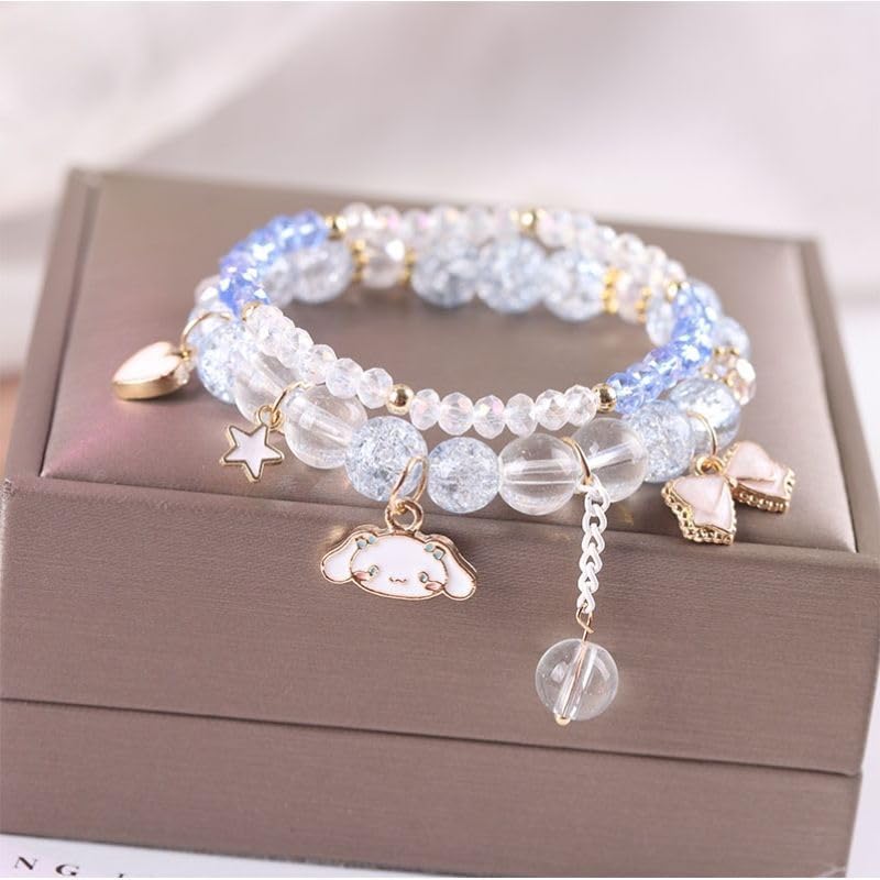 Kawaii Bracelets Cinnamoroll Crystal Beads Bracelet Set Cute Cartoon Elastic Beaded Pearl Blue Bracelets Jewelry for Women Blue Friendship Bracelet Christmas Stocking Stuffers for Women (Blue 2) - Image 2