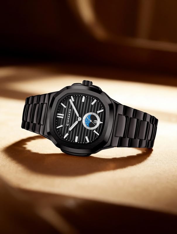 Image of Giordano Analog Watch for Men - Classic Moon Phase Design with Textured Dial, Durable Stainless Steel Strap, and Date Display
