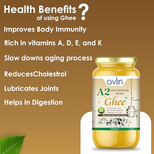 Image of Ovlin A2 Desi Cow Ghee | Handmade Bilona Method Ghee | Pure Desi Cow Milk | Traditional Vedic Bilona Process | 100% Natural, Preservative Free | Rich in Vitamins A, D, E & K | Pure A2 Bilona Cow Ghee for Cooking & Daily Nutrition (1000 ml )