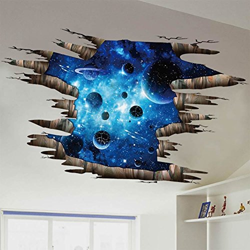 3D Space Floor Sticker,Blue Galaxy Wall Decal-Removable Mural For Kids Bedroom Living Room Milky Way Decorations #TOP5