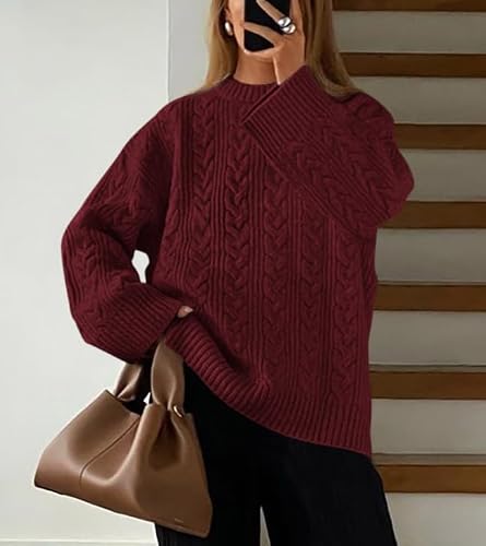 Okiwam Women's Oversized Sweaters Crewneck Cable Knit Pullover Casual Loose Fall Outfits Spring Fashion Clothes 2026-XXL Wine Red — view 6