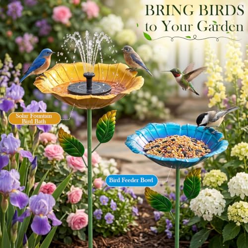 Image of SiliFine 2 Pack Solar Bird Bath Fountain for Outdoors, Flower Metal Hummingbird Bath with Solar Fountain, Garden Bird Baths with 5 Stake Stand for Yard Lawn Patio Decor, 31.3 inch H x 10.63 inch Dia