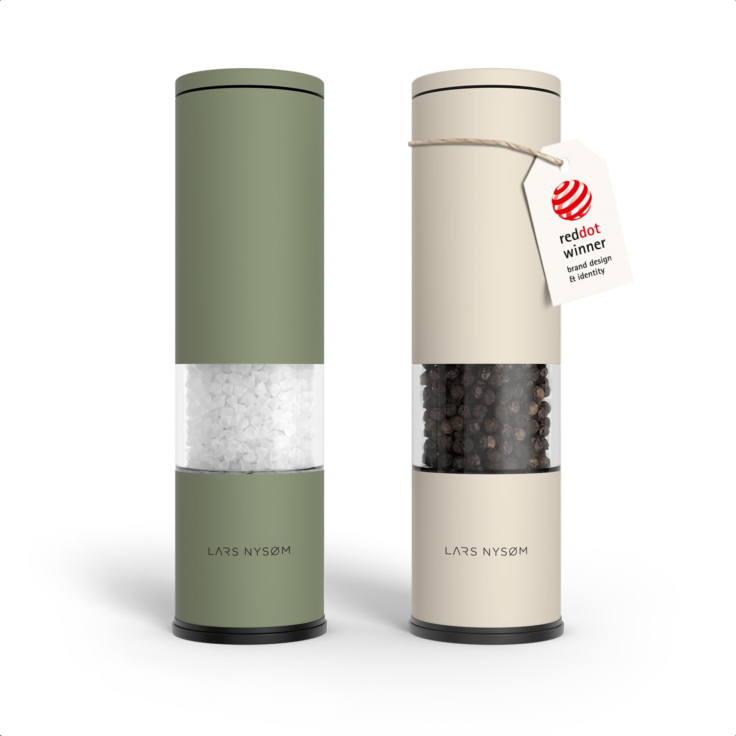LARS NYSØM Salt and Pepper Grinder Set Manual, Stainless Steel Salt and Pepper Mills with Adjustable Ceramic Grinder I Design Spice Shakers (Green/Beige)