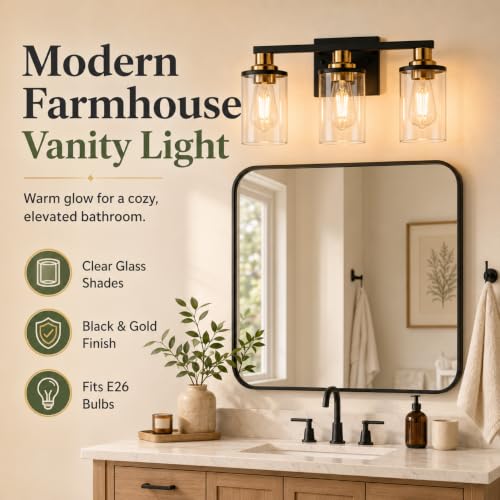 Image of L LOHAS LED 3-Light Bathroom Vanity Light, Black and Gold