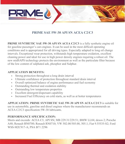PRIME 5W30 C2 C3 Fully Synthetic Engine Oil 5 Litre - Image 3