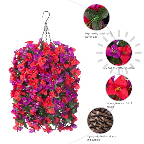 Image of INSPRING Artificial Bougainvillea Faux Flowers Plants Baskets for Outdoor Outside Decoration, 3PCS Fake Silk Flowers Long Trailing Vines UV Resistant Realistic for Front Door Porch Patio (PurpleRed)