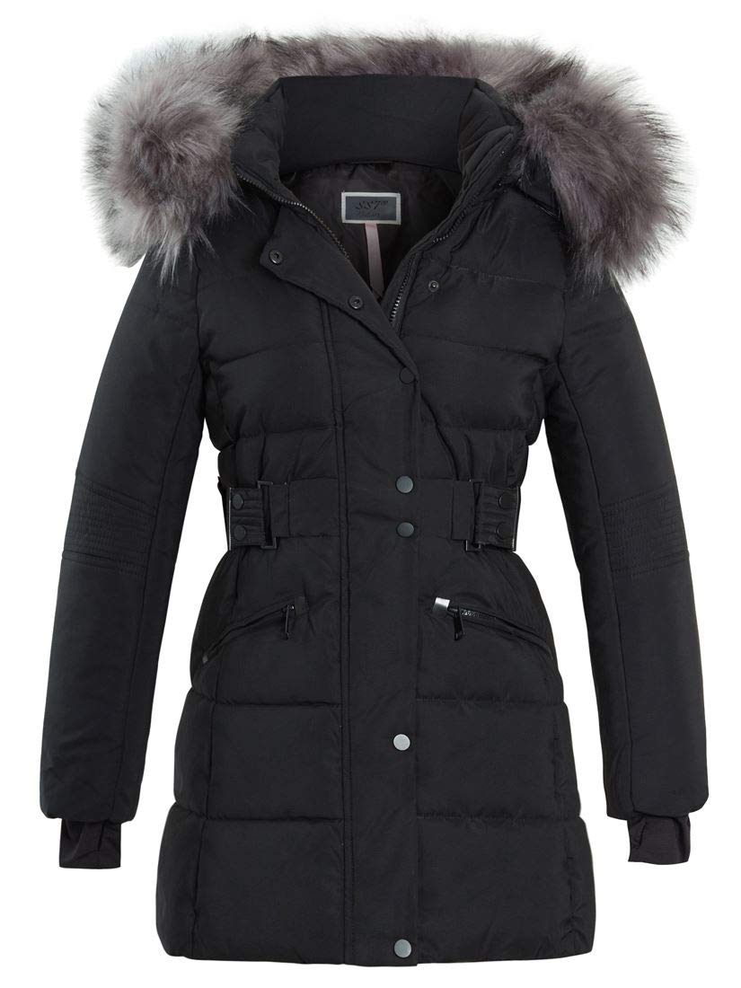 Ss7 Women's Black Longline Puffer Parka Faux Fur Coat