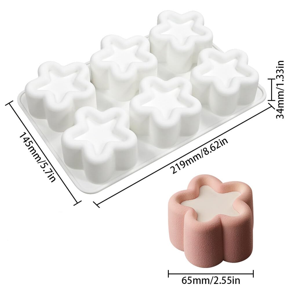 Moldes de silicona de 6 cavidades con forma de flor, corazón, estrellas, cuadrados, para decoración de cubitos de hielo para tartas caseras, chocolate, magdalenas, moldes para manualidades (4