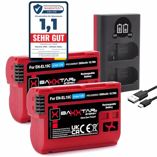Baxxtar 2X EN-EL15c batería 2600mAh con Cargador Dual (LCD USB-C Micro-USB) Compatible con Nikon Z5 Z6 II Z7 II Z8 D500 D600 D610 D750 D780 D800 D810 D850 D7000 D7100 D7200 D7500 EN-EL15b ENEL15