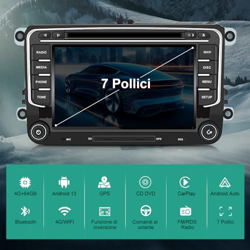 Hexinex 7 Pollici Android (4+64GB) Autoradio 2 Din Con 4G Sim Carplay Android Auto Per Vw Golf 5 6 Polo Passat Skoda Seat Tiguan, Car Radio Lettore Cd Bluetooth Sd Gps Comandi Al Volante - 4