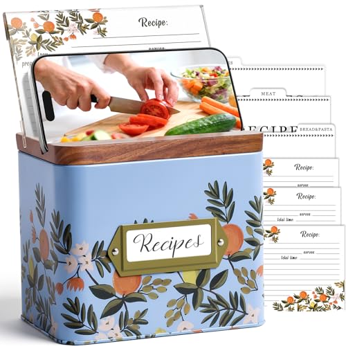 GloDeals Recipe Box Card Set: Include 50 Recipe Cards and 24 Dividers - Metal Recipe Box with Wooden Lid and Phone Holder - Elegant Recipe Boxes for Cooking/Lover/Kitchen/Housewarming(Tangerine)