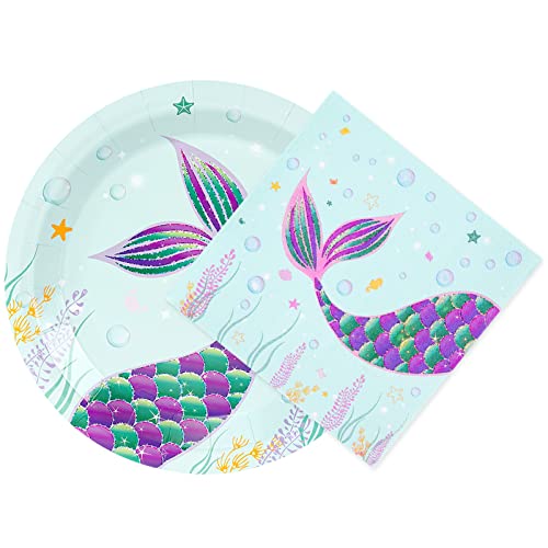 WERNNSAI Mermaid Plates and Napkins Set Serves 48 Guests Mermaid Party Supplies Disposable Paper Dinner Tableware for