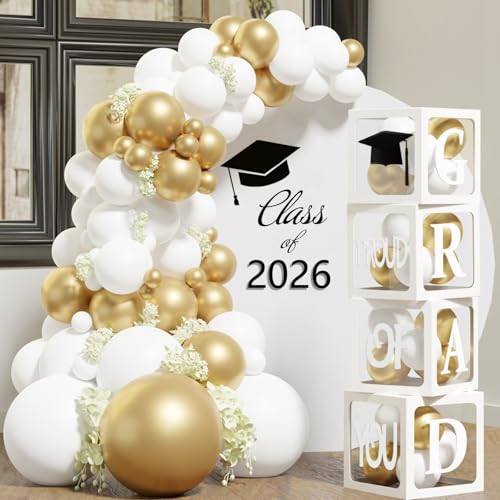 Graduation Decorations 2026 4 Pcs Transparent Balloon Boxes with Letters of GRAD PROUD OF YOU Class of 2026 and 130pcs White Gold Balloons Arch for High School College 2026 Grad Party Supplies