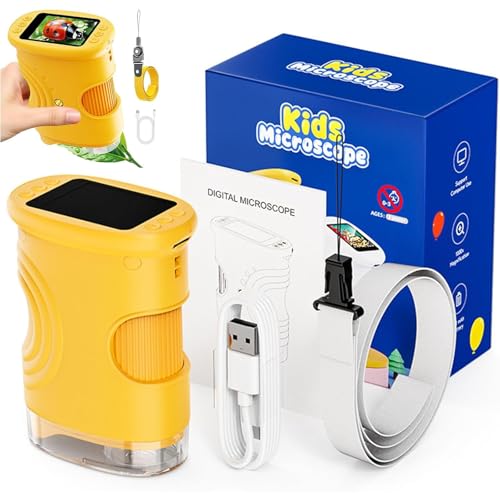 Wonder Quest Microscope 200x-1000x Magnification Handheld Portable Microscope with 4k Screen & LED Lights Educational Science Toy Ideal for Outdoor Discovery Classroom (Yellow)
