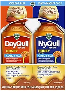 Vicks DayQuil & NyQuil Severe Honey Combo Pack, Cold & Flu Medicine, Max Strength Relief for Fever, Sore Throat, Sinus Pressure, Stuffy Nose, Honey Flavor, 2 x 12 oz Bottles, 1 NyQuil, 1 DayQuil
