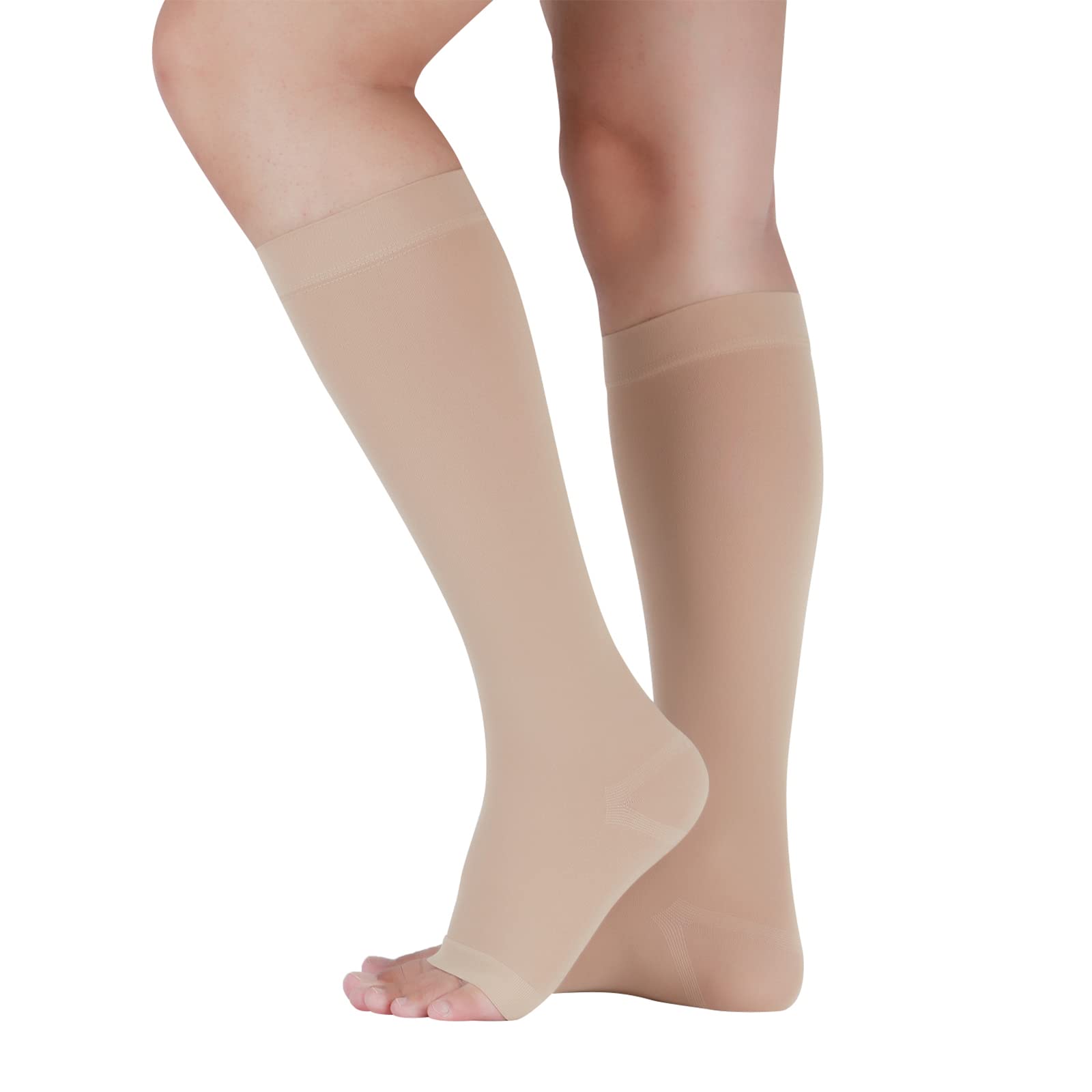 LIN PERFORMANCE 15-20 mmHg Medical Compression Socks for Men and Women, Knee High, Open Toe, Beige Toeless, X-Large, Beige Toeless, XL