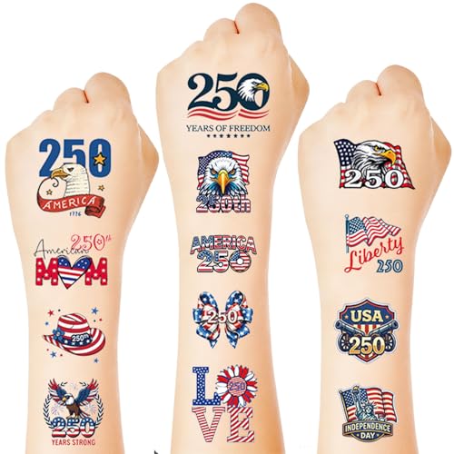 120PCS 4th of July Temporary Tattoos, Patriotic Eagle & USA Flag Fake Tattoos, Waterproof American Flag Stickers, Fourth of July Glow Party Favors for Independence Day, Memorial Day, Labor Day