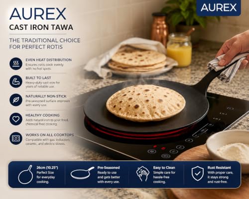 Image of Aurex Pre-Seasoned Cast Iron Tawa | 26 CM /10.2 Inch | Roti, Chapati & Paratha | Gas, Induction & All Cooktops | Naturally Non-Stick | 100% PFOA & PTFE Free, Iron-Rich Healthy Cooking, Non-Slip Handle