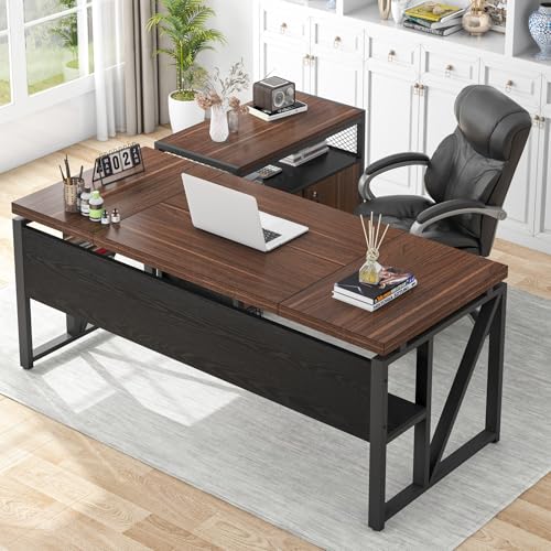 Image of Tribesigns 63 inch Executive Deskwith Drawer Cabinet, L Shaped Desk and lateral File Cabinet, 2 Piece Home Office Furniture Set with Drawers for Hanging, Doors with Locks