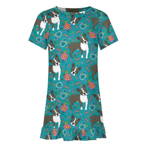 Boston Terrier French Bulldog Girls' Short Sleeve Summer Dress Kids Crewneck Loose Casual Dresses 160CM4