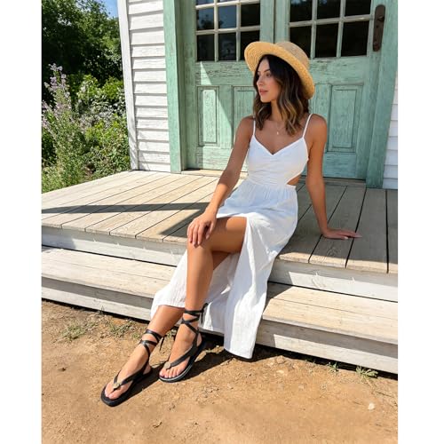 Image of Flat Sandals for Women Strappy Sandals Comfortable Dressy Beach Flip Flop Slides Thong Sandals for Women with Metal Circular