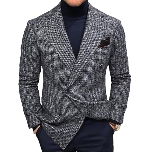 Mens Classic Fit Plaid Casual Blazer Jacket, Two Button Suits Coat, Notched Lapel, Wool Blend Tweed Sport Coat