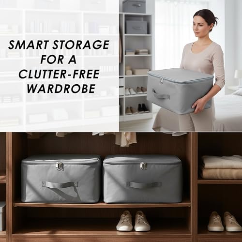 Image of Storite 20 Pack Nylon Wardrobe Bag Underbed Moisture Proof Cloth Storage Organizer, Storage box for Clothes Saree Bags with Zippered Closure & Handle (Grey, 37x35x23 cm, Square)