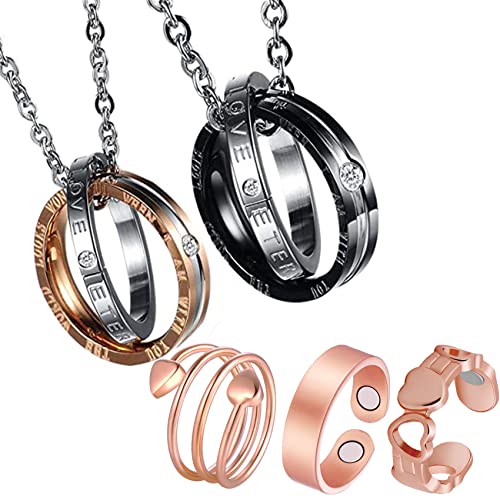 Feraco His Hers Matching Set Necklace For Couples & 3 Pcs Lymphatic Drainage Therapeutic Magnetic Ring Women,Copper Rings For Women For Arthritis And Joint,Lymph Detox Fingers Ring #TOP5