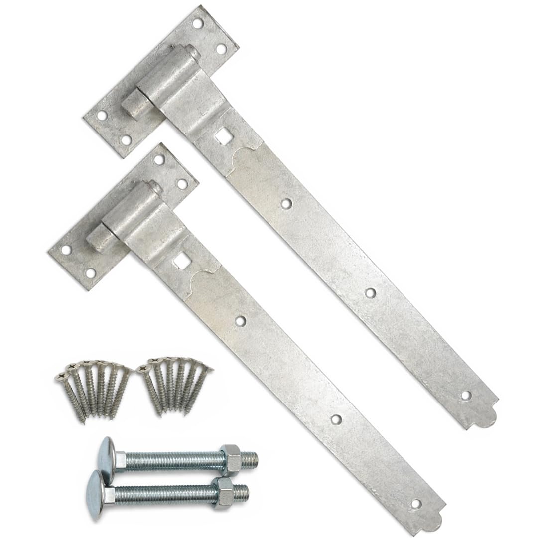 SCORPIO HARDWARE® Hook and Band Tee Hinges Crancked Heavy Duty Black, Galvanised Door Hinge for Wooden Gate - Fixing Included 1 Pair (Galvanised, 12 Inch)