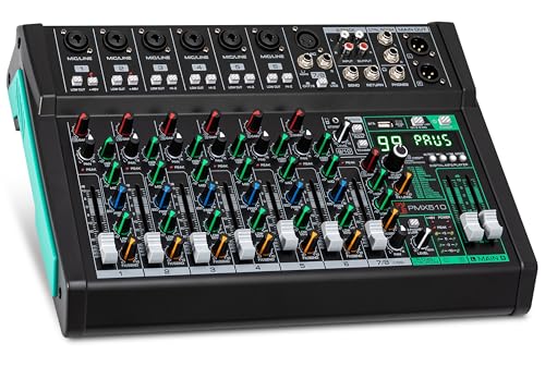Pyle 10 Channel Audio Mixer - 6 XLR Combo Mic Inputs Bluetooth Studio Mixer/DJ Controller with DSP Digital Effects USB-A In with MP3 Player PC Recording LED Level Meter Smooth Dials and Faders