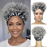 Adancyler Gray Headband Wig Kinky Curly Wigs for Black Women Short Curly Put and Go headband wig Synthetic Salt and Pepper Afro Hair Headband Wig
