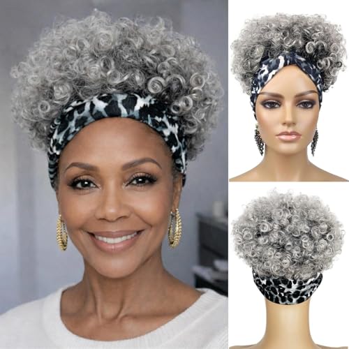Adancyler Gray Headband Wig Kinky Curly Wigs for Black Women Short Curly Put and Go headband wig Synthetic Salt and Pepper Afro Hair Headband Wig