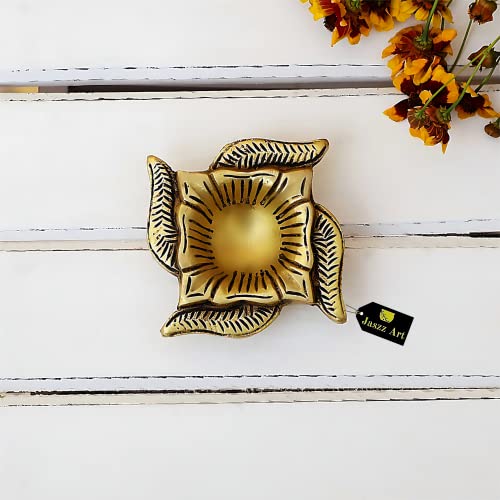 Image of Brass Diya Swastik Ethnic Design Handmade Curved Oil Wick Antique Kuber Deepak Lamp for Home Decor Temple Puja Office Counter Decoration Festival Gift (Pack of 1) (8 * 8 * 3 cm and 200g)