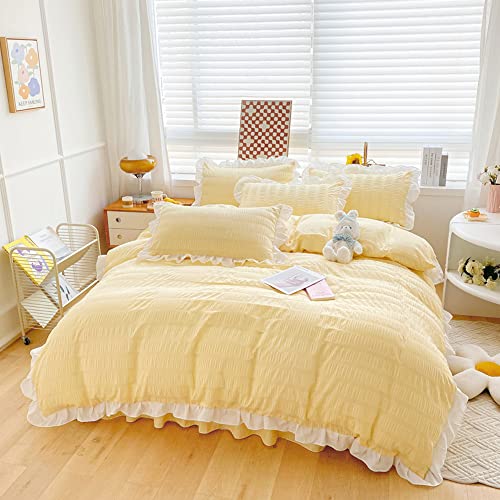 Mengersi Seersucker Duvet Cover Set Twin Size,Ruffle Duvet Cover,Boho Chic Ruffled Seersucker Bedding Sets Lightweight Comforter Cover 2Pcs (No Comforter),Yellow #TOP1