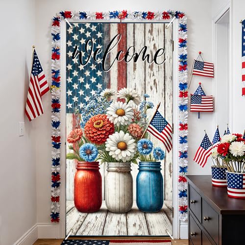 Image of BlissYard Patriotic Welcome Door Cover 71x35 Inch 4th of July Front Door Cover Decoration American Flag Floral Door Banner Red White Blue Daisy Independence Day Porch Door Cover