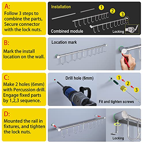 OKEPOO Wall Mounted Utensil Holder, Stainless Steel 20 inch Hook Bar Utensils with 10 Pcs Noiseless Sliding Hooks, Spoon Rack Hanger Bar Tool Organizer for Kitchen. (Black)