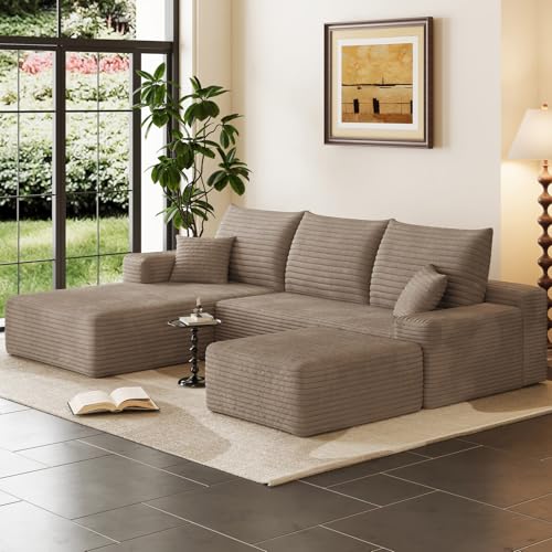 Image of 95 inch Cloud Sectional Couch with Ottoman,Modern U-Shaped Cloud Couch with Deep Seat,Comfy Corduroy Sofa,Memory Foam Sofa for Living Room,No Assembly (Camel,Left-Facing Chaise)