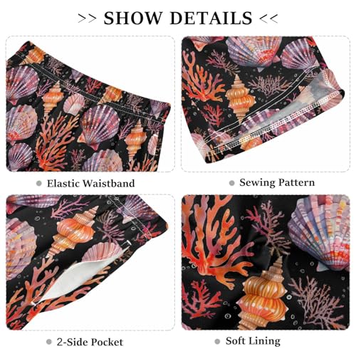 ALAZA Seashell Coral Reef Black Pajama Shorts Elastic Waist Casual Sleep Shorts with Pockets Size 6-143